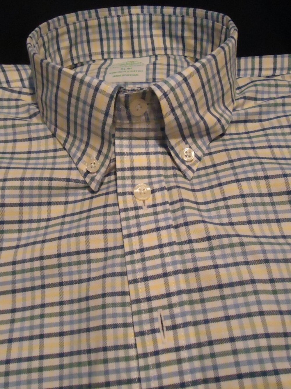 Brooks Brothers Men's Blu/Wt/Yllw Striped Shirt. Size Medium Slim. New/Open bag.